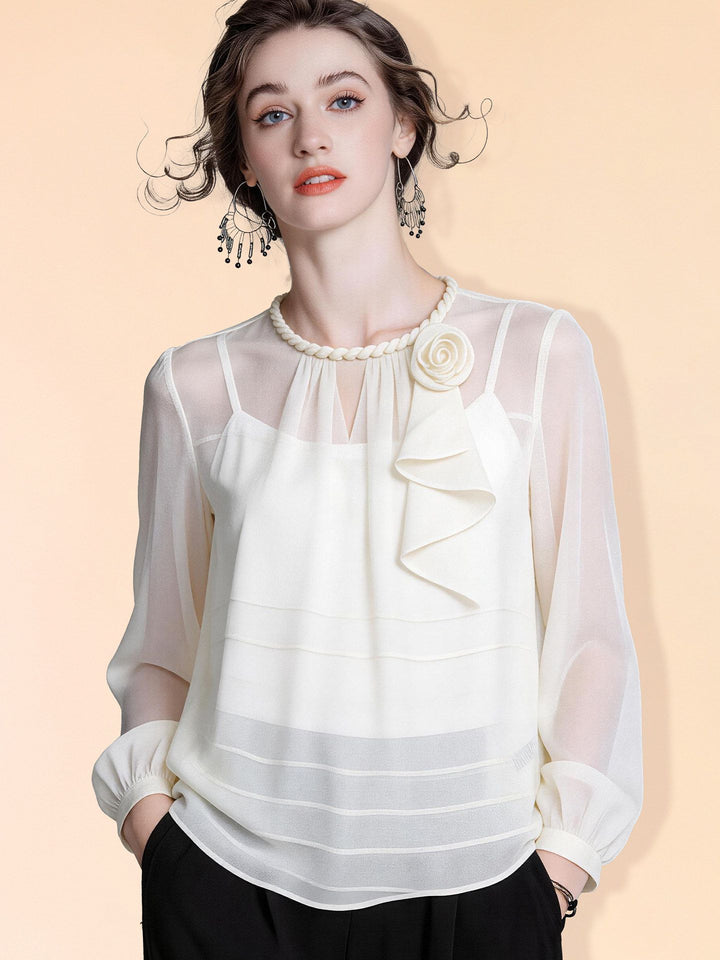 Women’s 100% Mulberry Silk Chiffon Blouse Elegant Cream Floral Corsage Ruffle Front Long Sleeve Silk Shirt Top