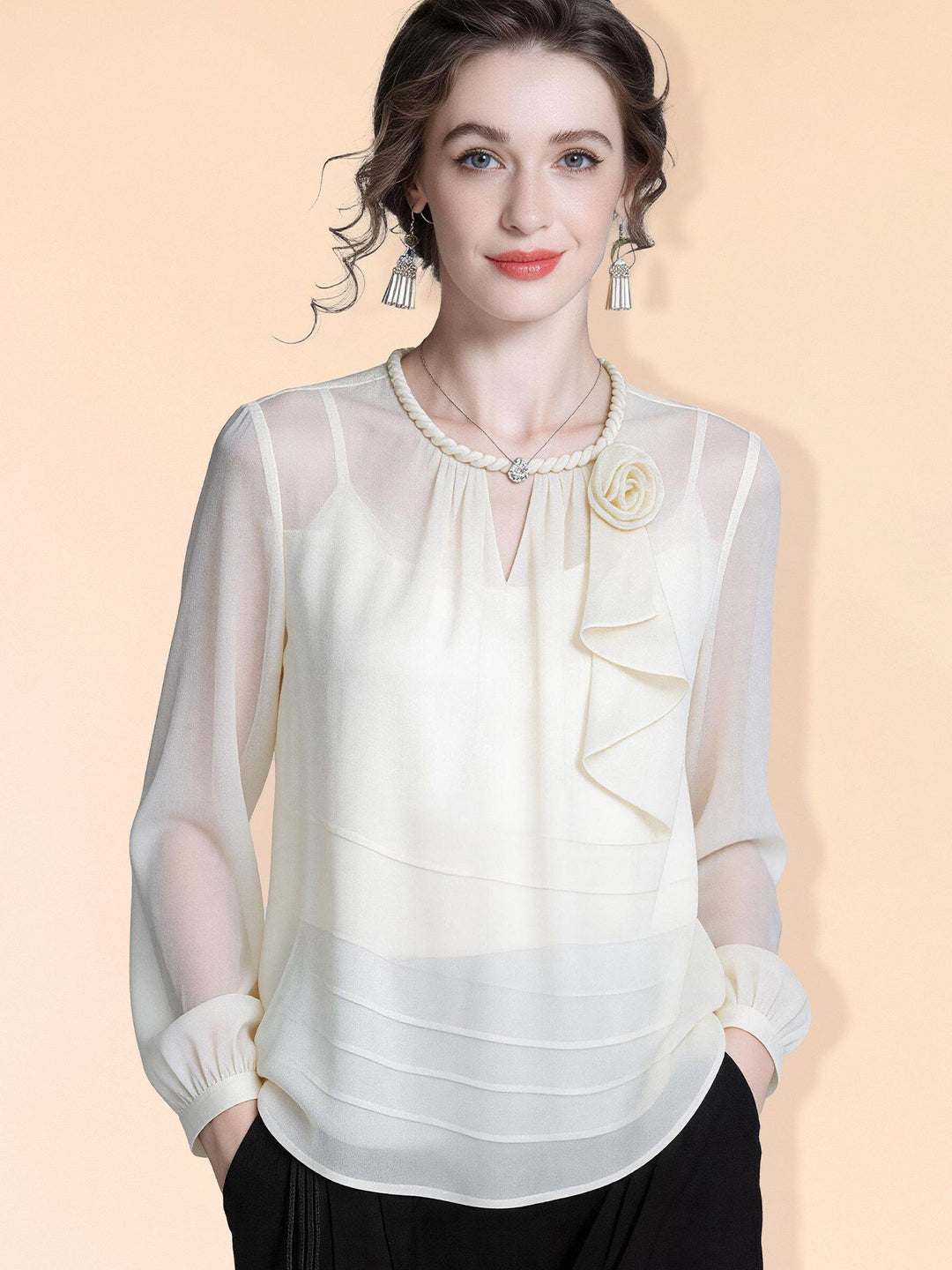 Women’s 100% Mulberry Silk Chiffon Blouse Elegant Cream Floral Corsage Ruffle Front Long Sleeve Silk Shirt Top