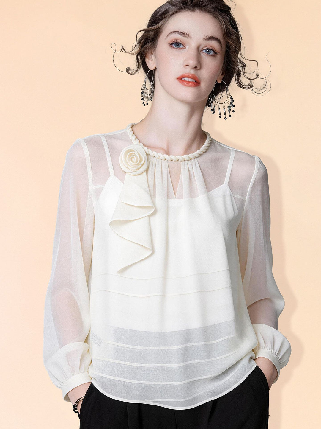 Women’s 100% Mulberry Silk Chiffon Blouse Elegant Cream Floral Corsage Ruffle Front Long Sleeve Silk Shirt Top