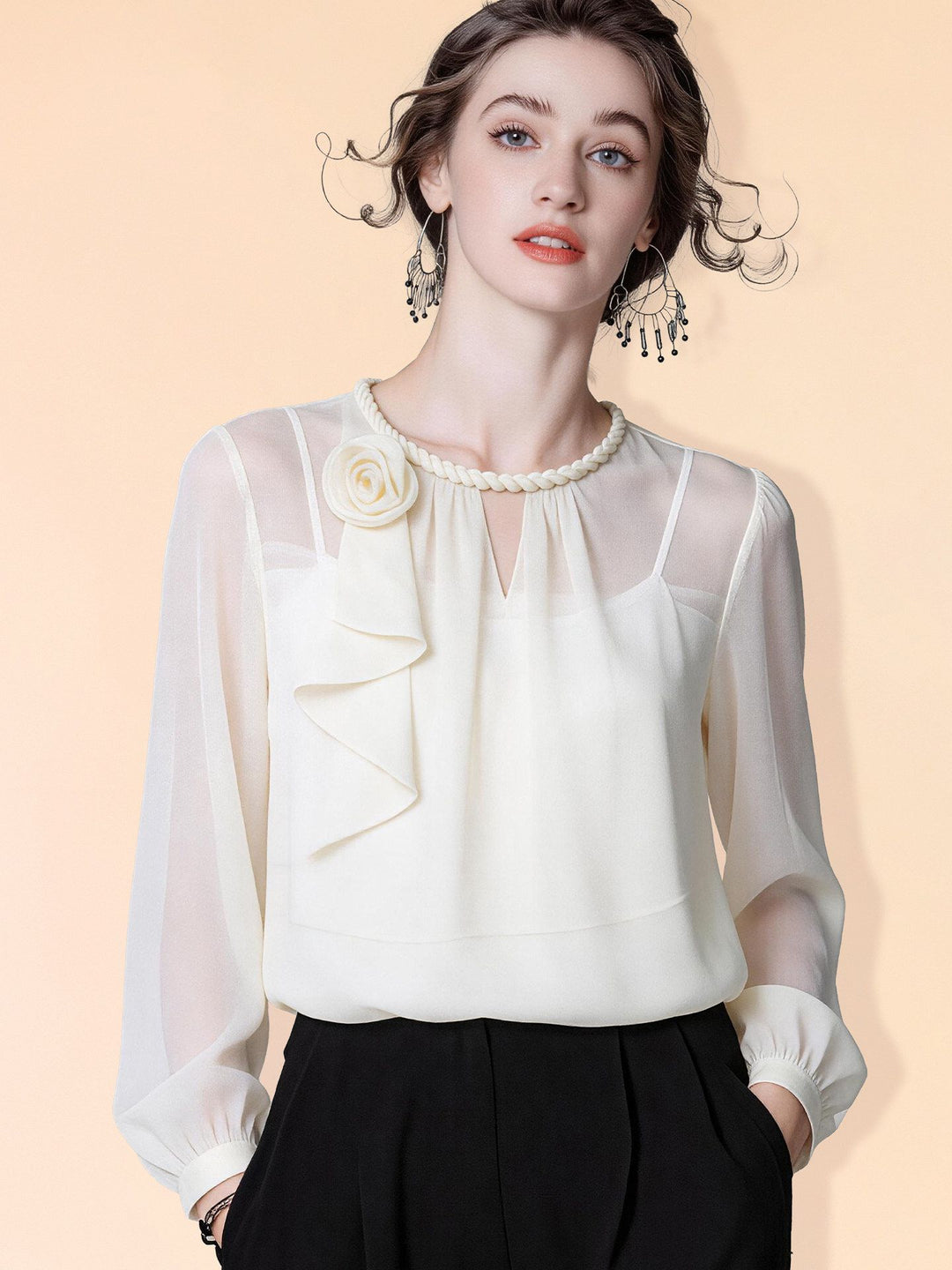 Women’s 100% Mulberry Silk Chiffon Blouse Elegant Cream Floral Corsage Ruffle Front Long Sleeve Silk Shirt Top