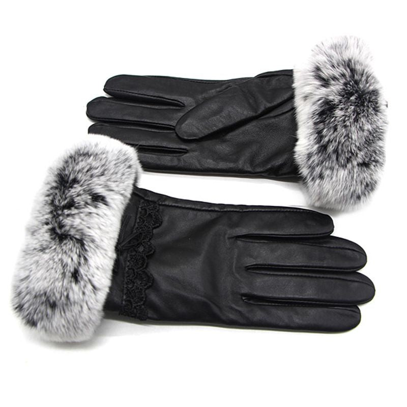 Women's Luxurious Sheepskin Gloves with Rabbit Fur Cuff Touchscreen Warm Winter Gloves