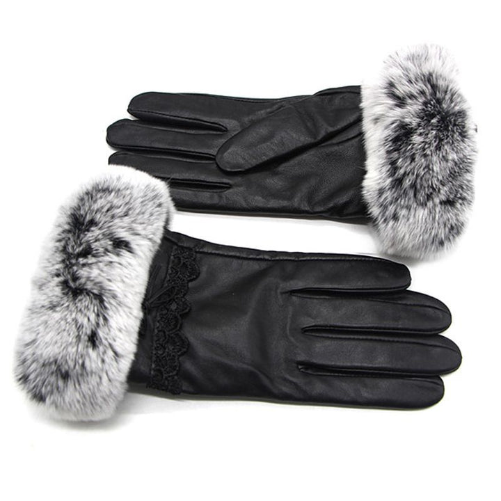 Women's Luxurious Sheepskin Gloves with Rabbit Fur Cuff Touchscreen Warm Winter Gloves