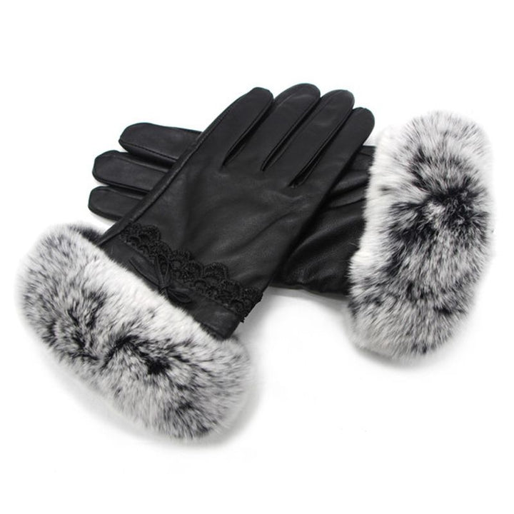Women's Luxurious Sheepskin Gloves with Rabbit Fur Cuff Touchscreen Warm Winter Gloves