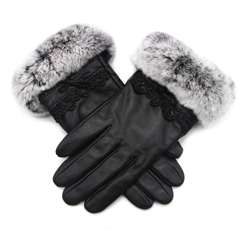 Women's Luxurious Sheepskin Gloves with Rabbit Fur Cuff Touchscreen Warm Winter Gloves