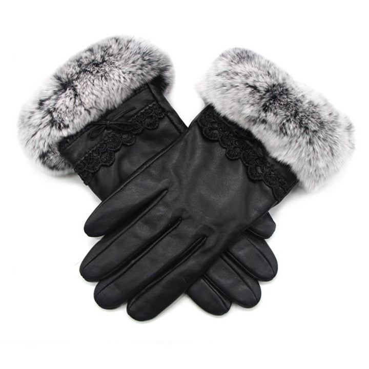 Women's Luxurious Sheepskin Gloves with Rabbit Fur Cuff Touchscreen Warm Winter Gloves