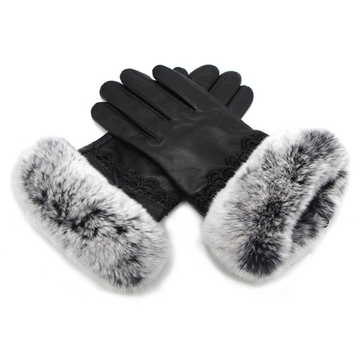 Women's Luxurious Sheepskin Gloves with Rabbit Fur Cuff Touchscreen Warm Winter Gloves