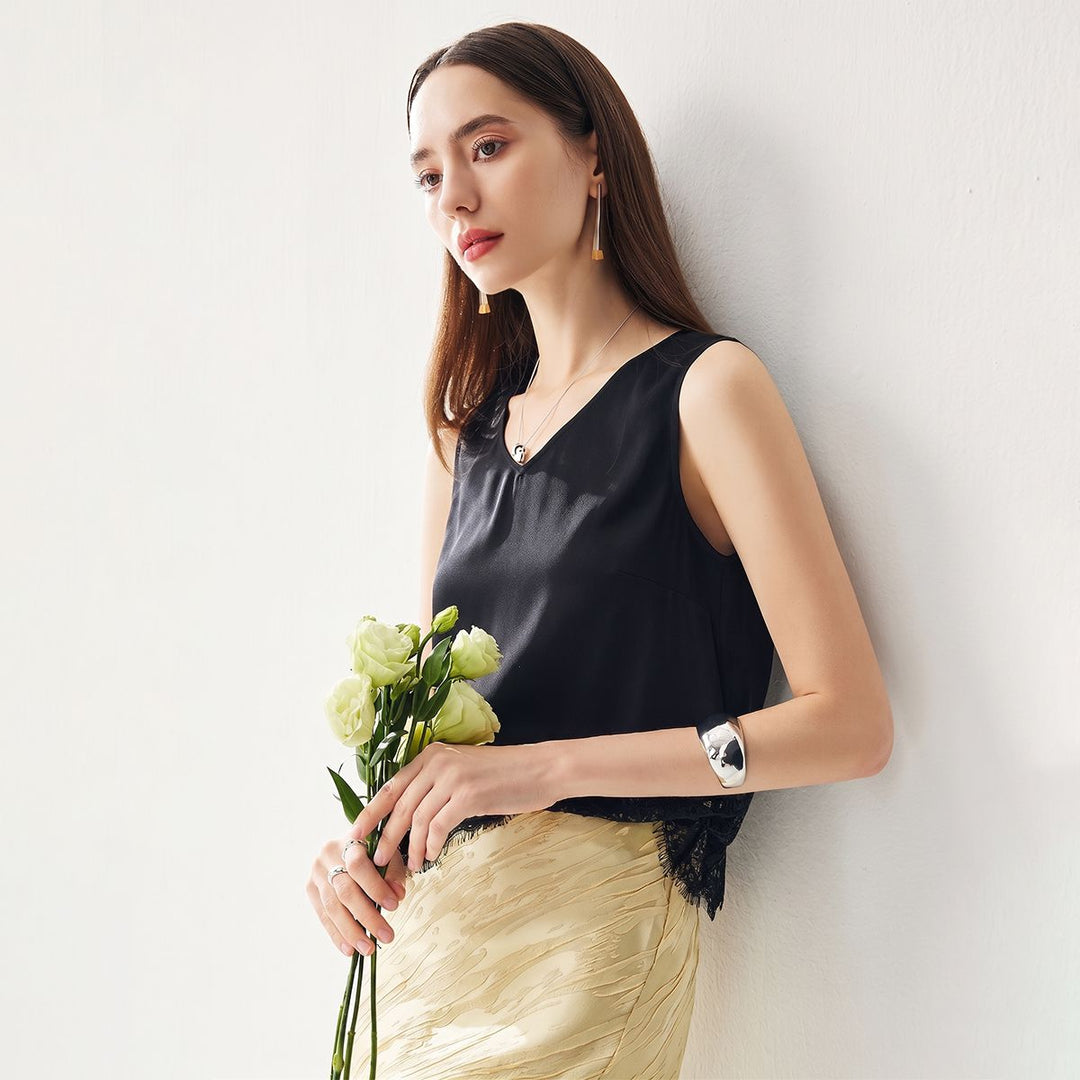 22 Momme V-Neck Silk Lace Tank Top for Women