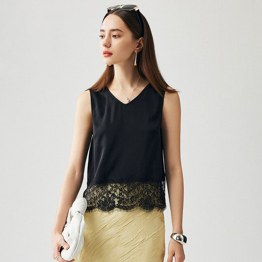 22 Momme V-Neck Silk Lace Tank Top for Women