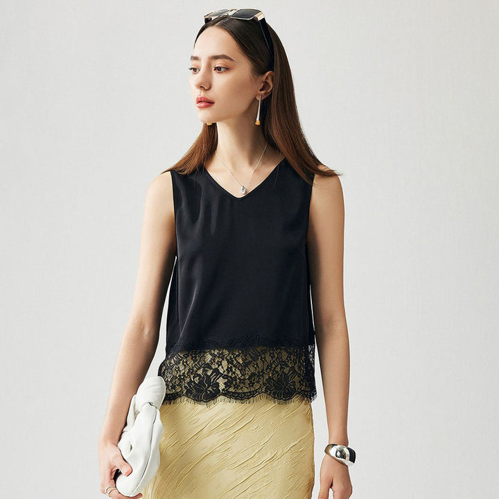 22 Momme V-Neck Silk Lace Tank Top for Women