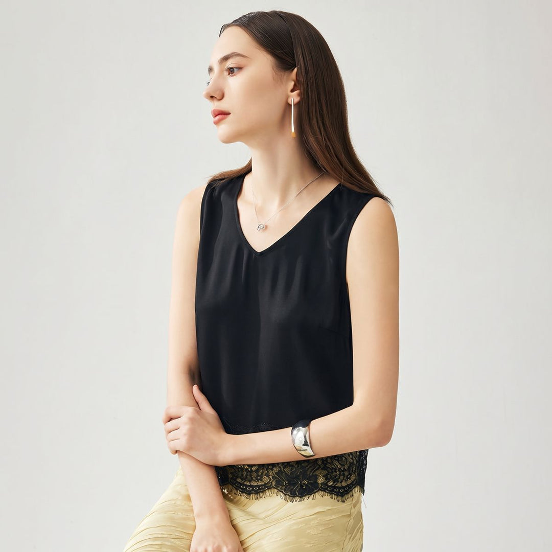 22 Momme V-Neck Silk Lace Tank Top for Women