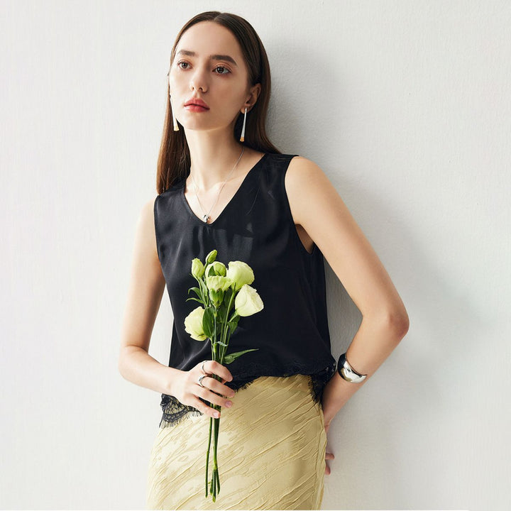 22 Momme V-Neck Silk Lace Tank Top for Women