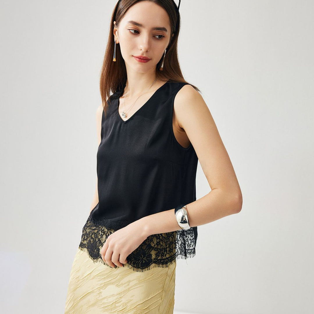 22 Momme V-Neck Silk Lace Tank Top for Women