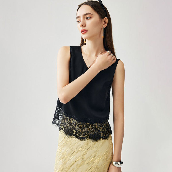 22 Momme V-Neck Silk Lace Tank Top for Women