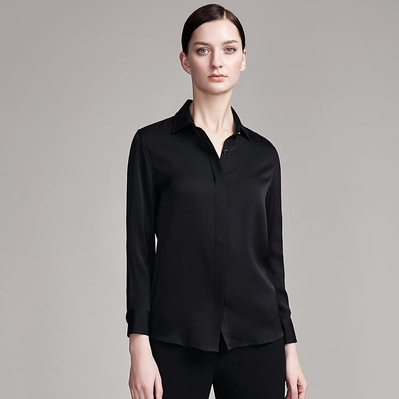 22 Momme Women's Basic Long-sleeved Silk Blouse with Hidden Placket