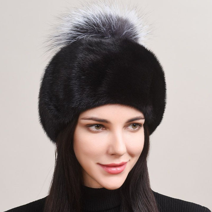Luxury Real Mink Fur Beanie Hat with Fox Fur Pom-Pom Women's Elegant Warm Winter Hat