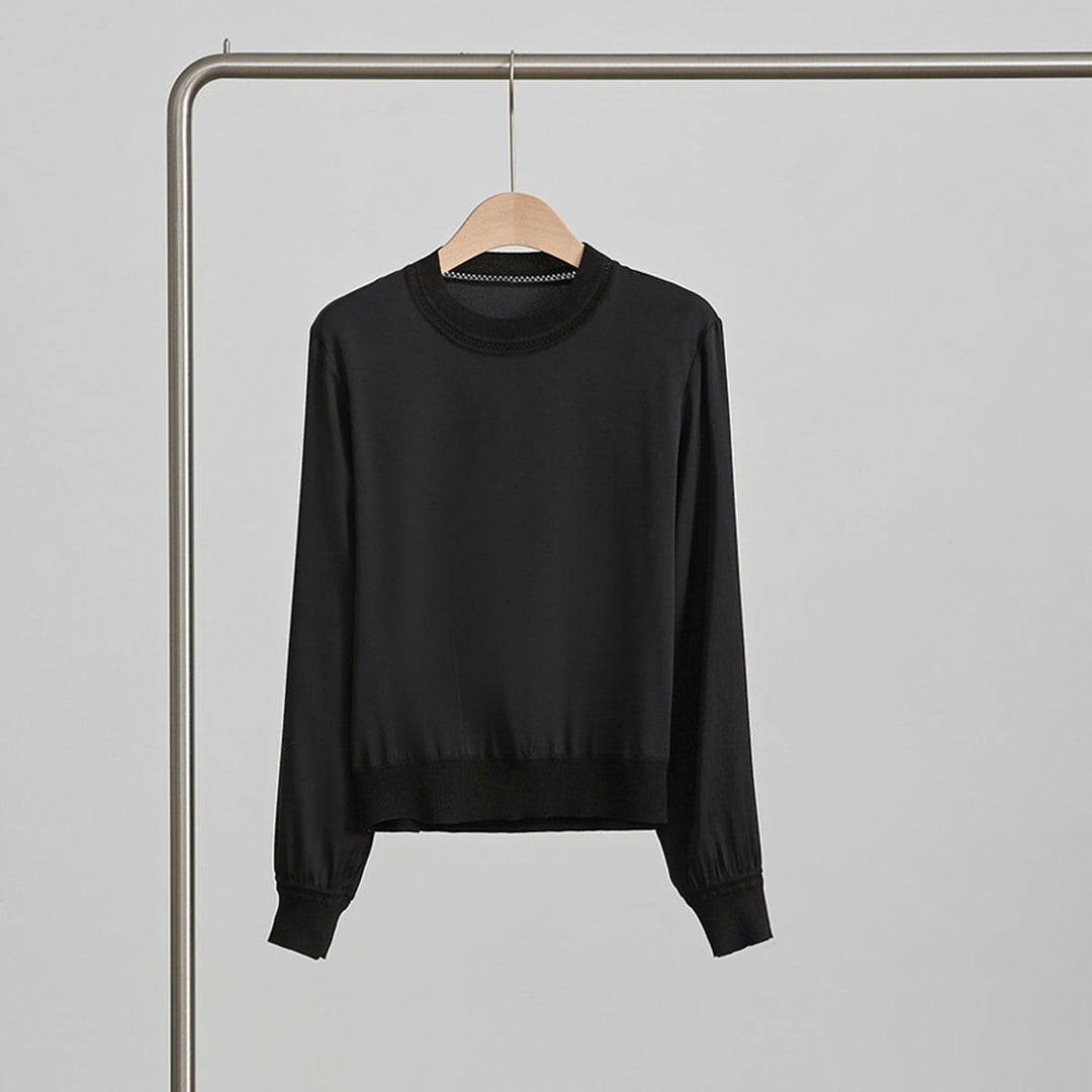 Women’s Long Sleeve Ribbed Crew Neck Mulberry Silk Blouse