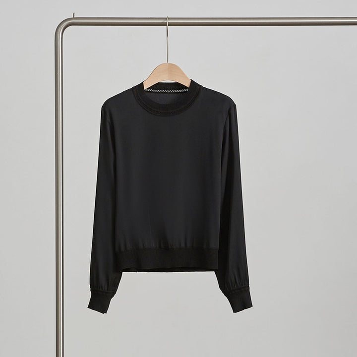 Women’s Long Sleeve Ribbed Crew Neck Mulberry Silk Blouse