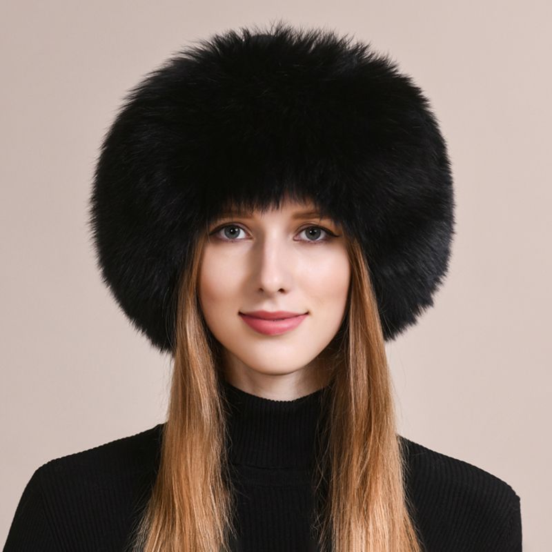 Real Fox Fur Beanie Hat for Women Knit Winter Hat with Full Fur Trim