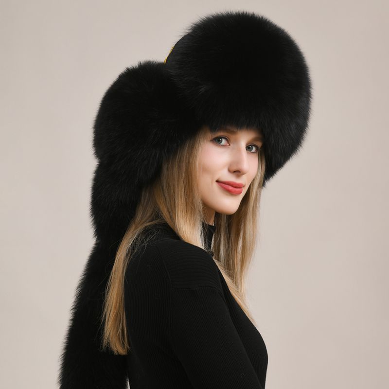 Embroidered Luxury Real Fox Fur Trapper Hat Unisex Ushanka with Detachable Long Tail