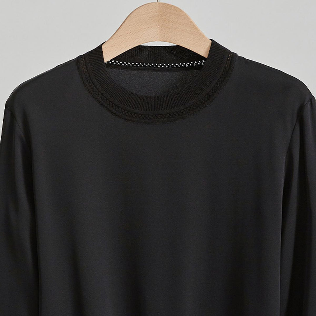 Women’s Long Sleeve Ribbed Crew Neck Mulberry Silk Blouse