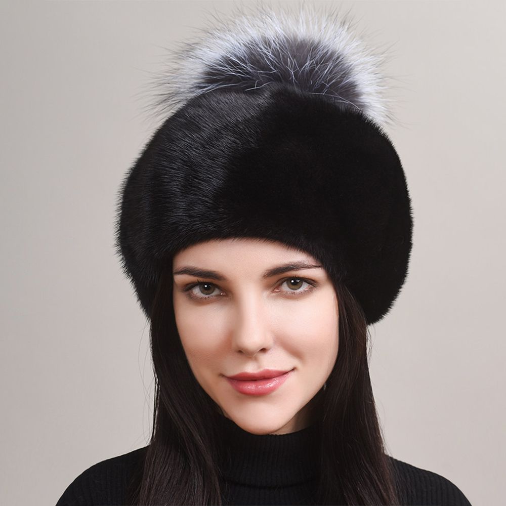 Luxury Real Mink Fur Beanie Hat with Fox Fur Pom-Pom Women's Elegant Warm Winter Hat