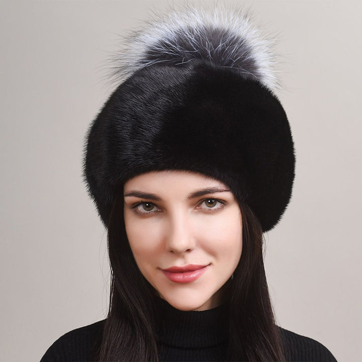 Luxury Real Mink Fur Beanie Hat with Fox Fur Pom-Pom Women's Elegant Warm Winter Hat