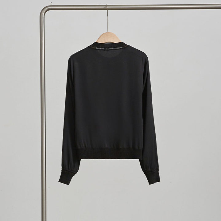 Women’s Long Sleeve Ribbed Crew Neck Mulberry Silk Blouse