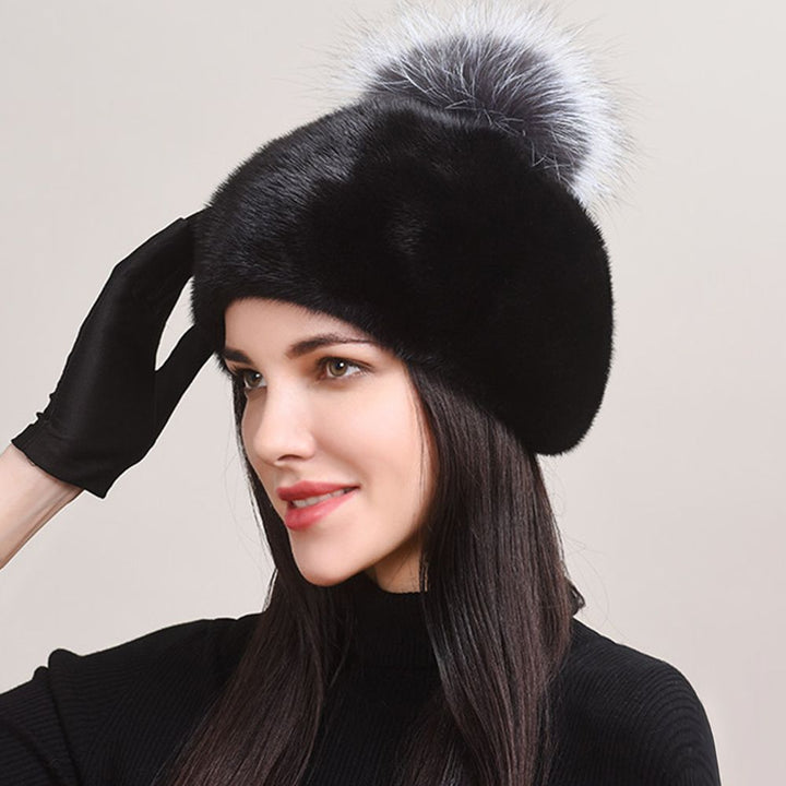 Luxury Real Mink Fur Beanie Hat with Fox Fur Pom-Pom Women's Elegant Warm Winter Hat