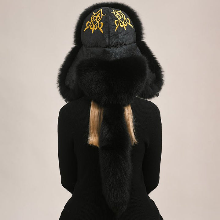 Embroidered Luxury Real Fox Fur Trapper Hat Unisex Ushanka with Detachable Long Tail