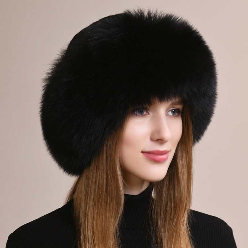 Real Fox Fur Beanie Hat for Women Knit Winter Hat with Full Fur Trim