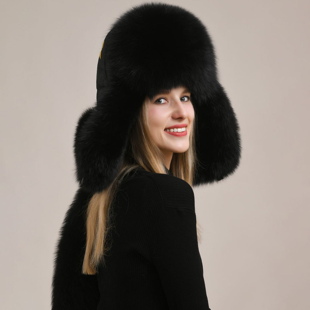 Embroidered Luxury Real Fox Fur Trapper Hat Unisex Ushanka with Detachable Long Tail