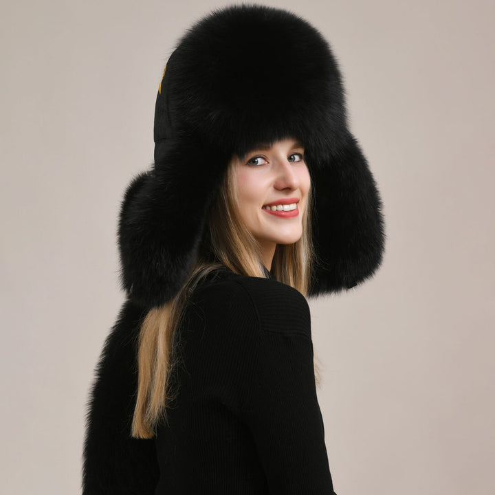 Embroidered Luxury Real Fox Fur Trapper Hat Unisex Ushanka with Detachable Long Tail