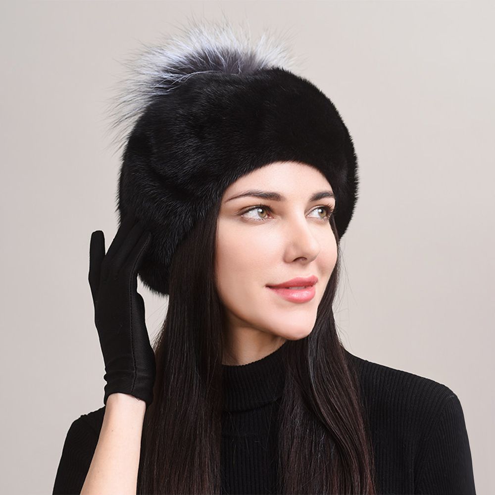 Luxury Real Mink Fur Beanie Hat with Fox Fur Pom-Pom Women's Elegant Warm Winter Hat