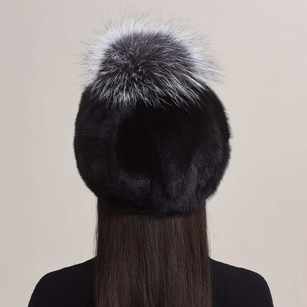 Luxury Real Mink Fur Beanie Hat with Fox Fur Pom-Pom Women's Elegant Warm Winter Hat