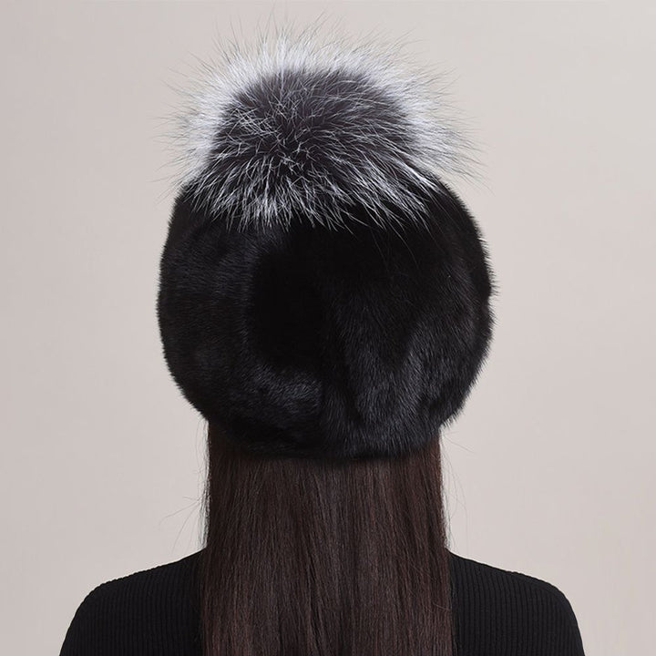 Luxury Real Mink Fur Beanie Hat with Fox Fur Pom-Pom Women's Elegant Warm Winter Hat
