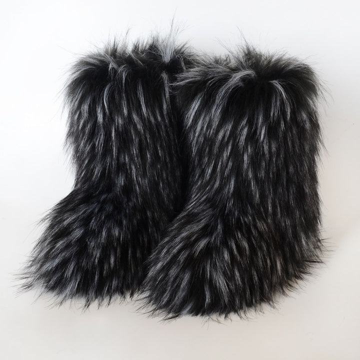 Faux Raccoon Fur Snow Boots for Women Winter Furry Cozy Slip-On Ankle Fur Boots