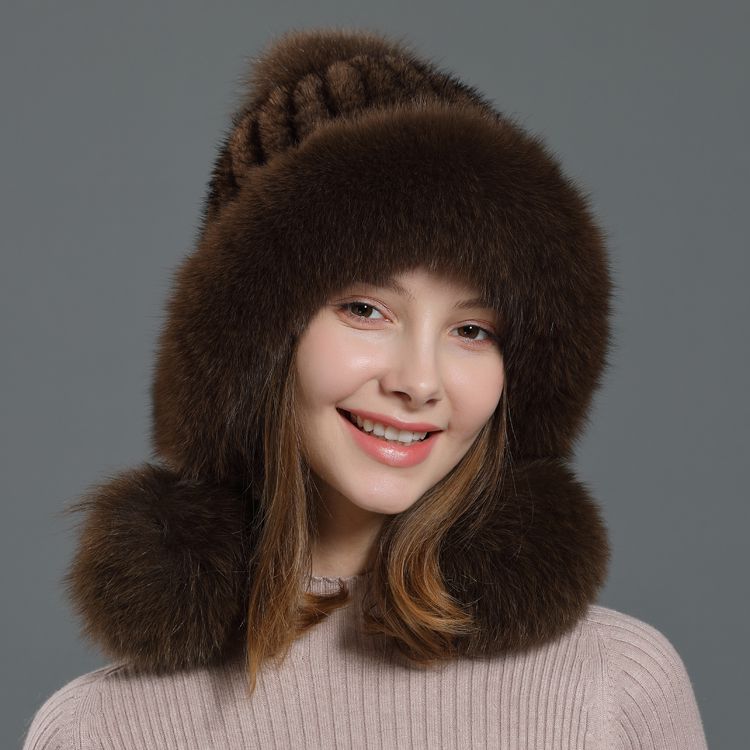 Luxury Real Mink Fur Hat with Fox Fur Trim Women Winter Knit Beanie with Pom-Pom Ear Flaps