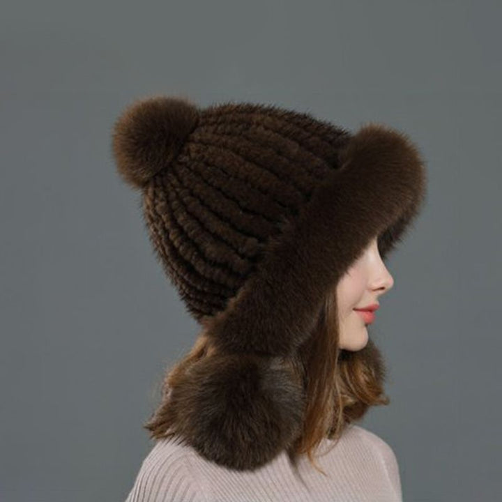 Luxury Real Mink Fur Hat with Fox Fur Trim Women Winter Knit Beanie with Pom-Pom Ear Flaps