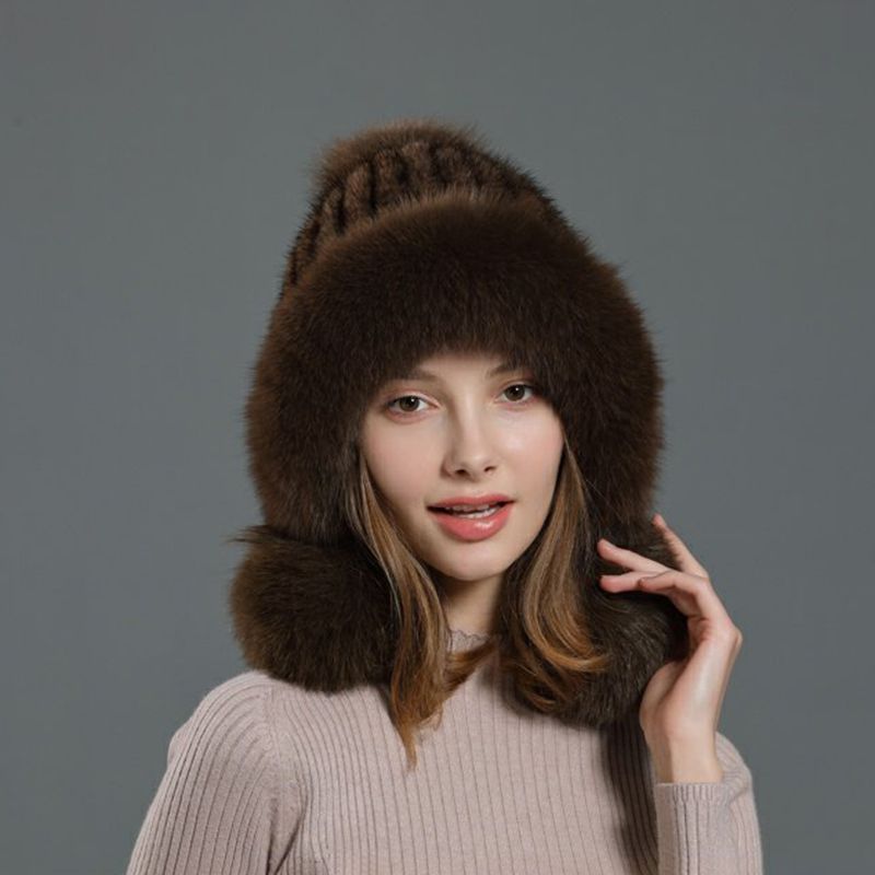 Luxury Real Mink Fur Hat with Fox Fur Trim Women Winter Knit Beanie with Pom-Pom Ear Flaps