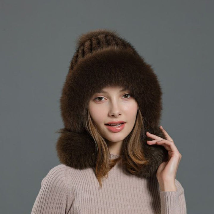 Luxury Real Mink Fur Hat with Fox Fur Trim Women Winter Knit Beanie with Pom-Pom Ear Flaps