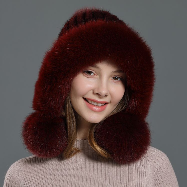 Luxury Real Mink Fur Hat with Fox Fur Trim Women Winter Knit Beanie with Pom-Pom Ear Flaps