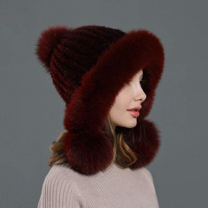 Luxury Real Mink Fur Hat with Fox Fur Trim Women Winter Knit Beanie with Pom-Pom Ear Flaps