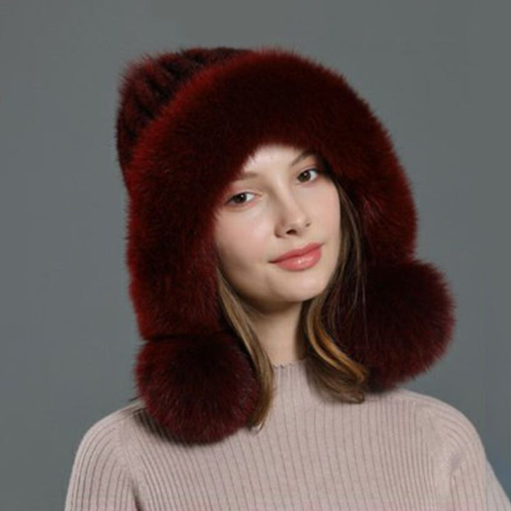 Luxury Real Mink Fur Hat with Fox Fur Trim Women Winter Knit Beanie with Pom-Pom Ear Flaps
