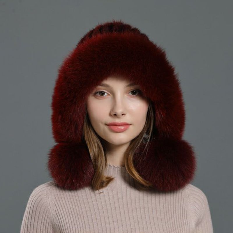 Luxury Real Mink Fur Hat with Fox Fur Trim Women Winter Knit Beanie with Pom-Pom Ear Flaps