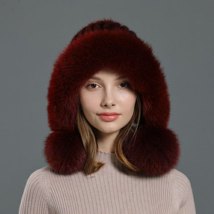 Luxury Real Mink Fur Hat with Fox Fur Trim Women Winter Knit Beanie with Pom-Pom Ear Flaps