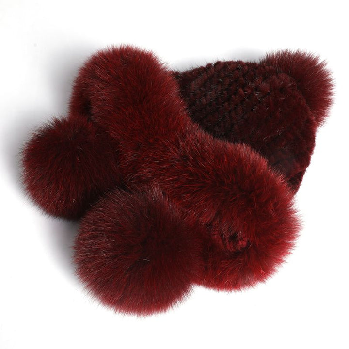 Luxury Real Mink Fur Hat with Fox Fur Trim Women Winter Knit Beanie with Pom-Pom Ear Flaps