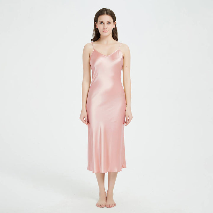 Double-Sided Silky V-Neck Mid-length Mulberry Silk Slip Nightgown LSP032