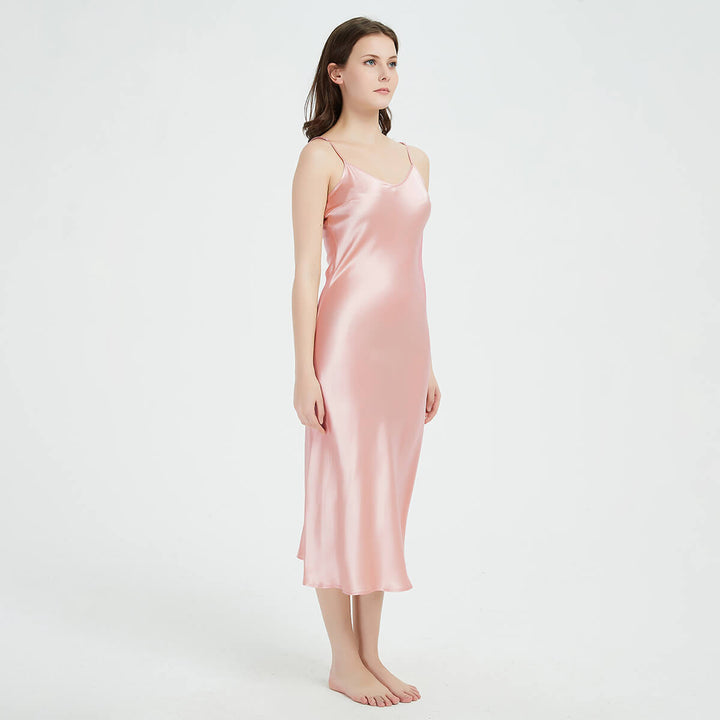 Double-Sided Silky V-Neck Mid-length Mulberry Silk Slip Nightgown LSP032