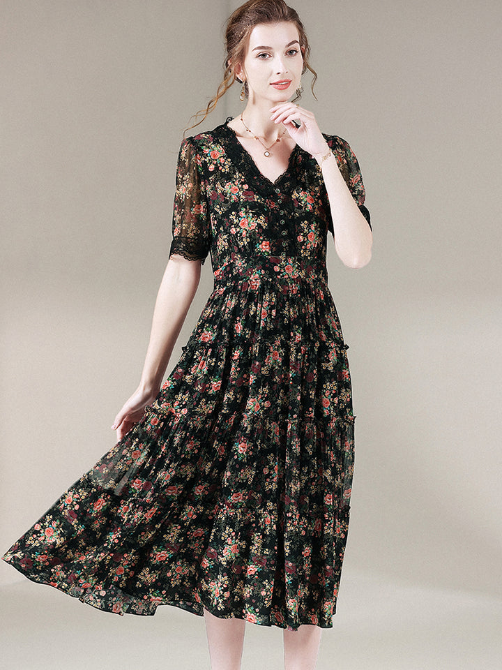 Black Floral Short Sleeve V Neck Silk Lace Summer Dress SD047