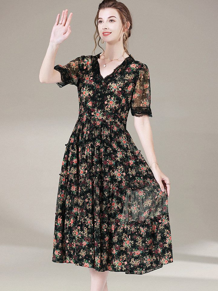 Black Floral Short Sleeve V Neck Silk Lace Summer Dress SD047